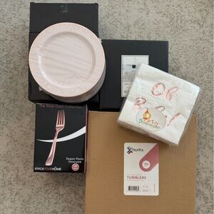 NIB Rose Gold Plastic Tumblers and Plates Set